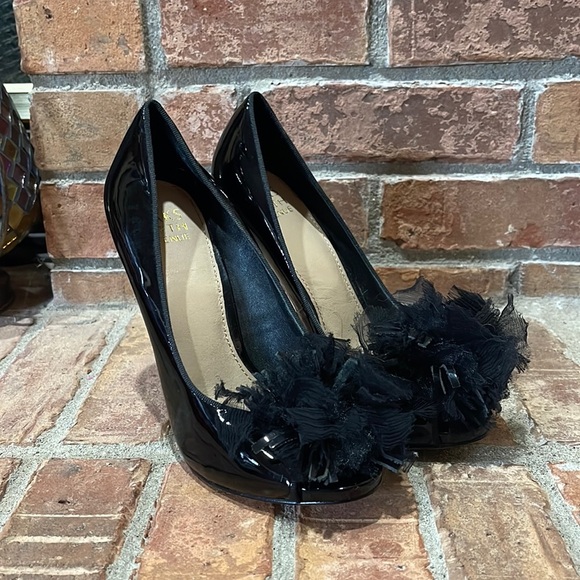 Saks Fifth Avenue Black Patent Leather Pom Pom Peep Toe Heels - Picture 1 of 6